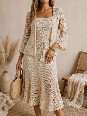 Vintage Cream Crochet 2 Piece Dress Set Open Knit Boho Midi Ivory